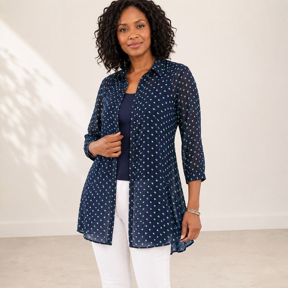CAbi Martini Retro Mod Navy Green Dot Semi Sheer Button Down Blouse Small